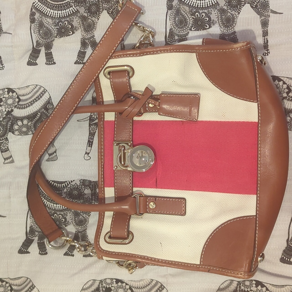 Michael Kors Hamilton Mono Red Stripe Canvas Leather Tote Large Lock Chain